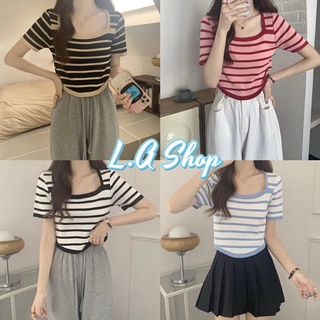 L.A Shopp พร้อมส่ง เสื้อไหมพรมคอกลมแขนสั้น ลายทางสีน่ารักดีเทลปลายแหลม "6A309" -C