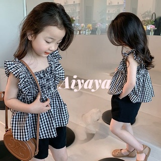 Aiyaya ชุดเสื้อผ้าเด็กผู้หญิง ชุดเดรสเด็กเกาหลี เสื้อแขนกุดลายสก๊อต+กางเกงขาสั้นสีดำ ชุดเซต 2 ชิ้น（237）