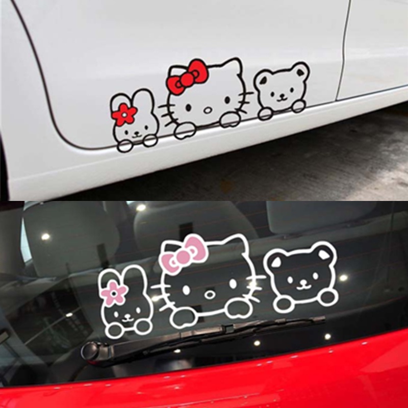 สติกเกอร์รถ Hello Kitty การ์ตูนน่ารักน่ารักสาวสีชมพูสะท้อนแสงตกแต่งสําหรับประตูหน้าต่างกระจกกันชน Trunk รถจักรยานยนต์