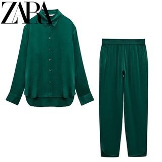 Zara ฤดูร้อนใหม่ผ้าไหมซาตินพื้นผิวหลวมเสื้อ + กางเกงขายาวเอวสูง 2731254 2731253