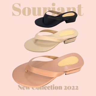 Souriant No.001-9-1(รองเท้าแตะหูหนีบส้นสูง1.5นิ้วทรงหัวมนพื้นยางดำเพชรไม่ลื่นใส่ลุยน้ำได้)