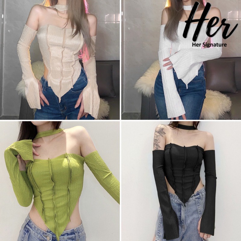 พร้อมส่ง/4สี ครอปแขนยาว ครอปรัดรูป เกาะอกต่อแขน เกาะอกไหมพรม ชุดไปคาเฟ่ ปาดไหล่แขนตุ๊กตา เสื้อไปร้านเหล้า 3631