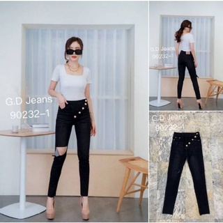 G.D.Jeans รุ่น 90232-1#กางเกงยีนส์แฟชั่นขายาวผ้ายืดสีดำฟอกเอวกลางทรงเดฟแต่งกระดุมทองแบบเก๋ๆ