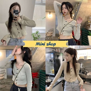 Mini shop🌸พร้อมส่ง🌸(68106) เสื้อไหมพรมแขนยาว คอวีลายทางน่ารักเกาหลีมาก -C