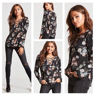 Floral lace up Forever21 เสื้อแขนยาวลายดอกผ้าชีฟอง