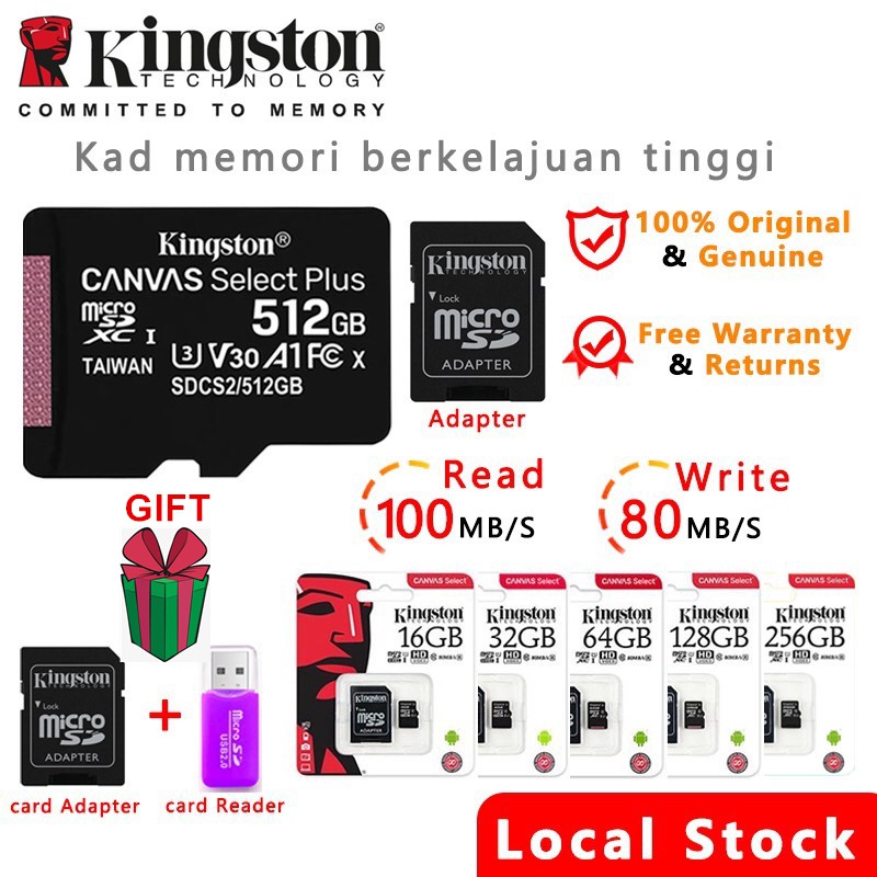 【LOCAL STOCK】Kingston SD Card Micro Sd Card Memory Card Class 10 80MB/s 32GB/64G/256GB/128GB TF Card