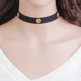 สร้อยคอ Choker แฟชั่น หนังชามุดกำมะหยี่ดำ ประดับหมุดวงกลมสีทอง rhinestone