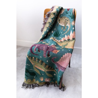 (Live Only) Woven Cotton Throw for Sofa, Cute Animals, Stegosaurus Brontosaurus Triceratops, Colorful Decor,