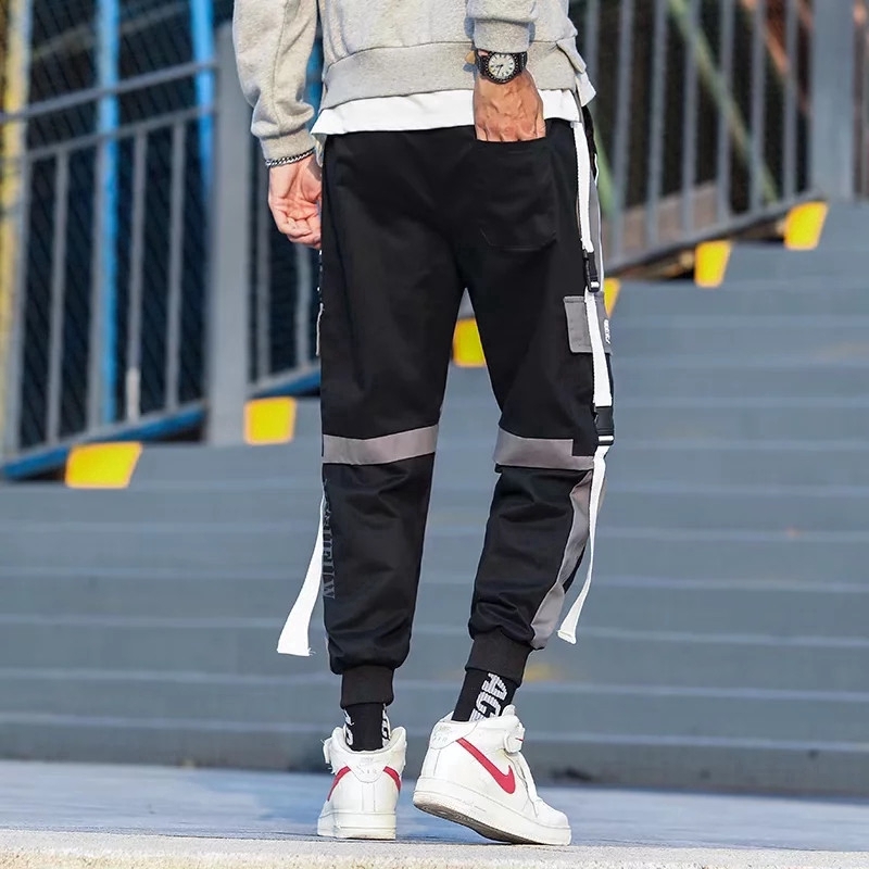 Men Ribbons Color Block Black Pocket Cargo Pants Harem Joggers Harajuku