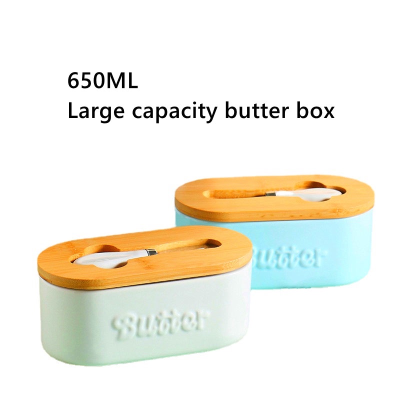 650 ML Large Ceramics Butter Dish Box with Bamboo Cover Large Butter ...