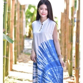 ชุดแขนกุด คอจีน มัดย้อมคราม