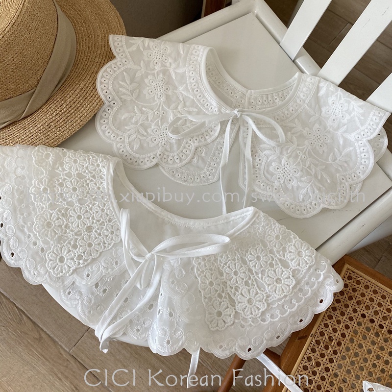 Cici ผ้าคลุมไหล่ ผ้าพันคอ ลูกไม้ กลวง สีขาว all-match lace shawl
