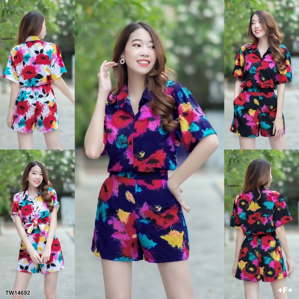 MF14692 Set 2 ชิ้น เสื้อเชิ้ตฮาวาย กระดุมหน้า แขนสั้น มากับกางเกงขาสั้น เอวยางยืดหลัง มีกระเป๋าล้วงข้าง ผ้าไหมอิตาลี FF