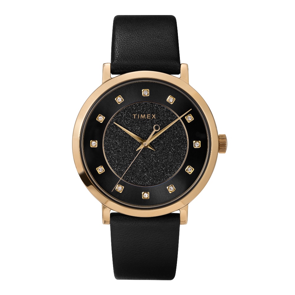 Timex  TW2U41200 Crystal นาฬิกาข้อมือผู้หญิง สายหนัง สีดำ หน้าปัด 38 มม.