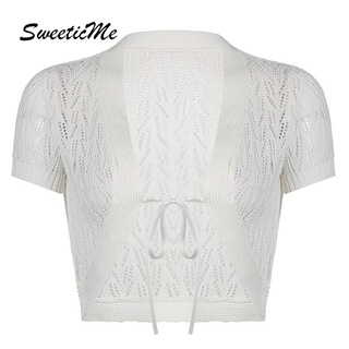 Sweeticme เสื้อยืดแขนสั้น ผ้าขนสัตว์ แบบบาง แต่งรูกลวงน่ารัก สําหรับผู้หญิง 2022