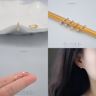 8August ต่างหูเงินแท้ ต่างหูห่วง มินิมอล ประดับเพชร 2 เม็ด ขนาด 8mm Hoop Earrings S925 (A30)