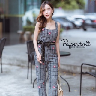 จั๊มสูทขายาวสีเทาลายสก๊อตเบาๆ ปักลายหัวใจน่ารักกรุบกริบ