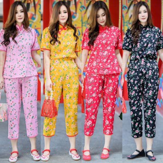 ชุดเซท2ชิ้น เสื้อ คอจีน จับจีบแขนสั้น+กางเกง ขา4ส่วน