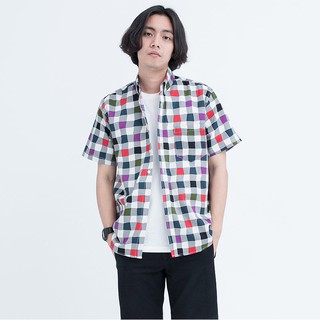 Mr.610 เสื้อเชิ้ตผู้ชายแขนสั้น ลายตาราง Multi Plaid สีเทา