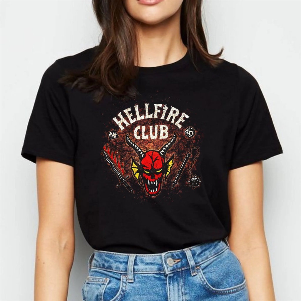 เสื้อยืดผ้าฝ้ายพิมพ์ลายแฟชั่น คอตต้อนคอกลมStranger Things Season 4 Hellfire Clubคอกลม แฟชั่น ผ้าฝ้ายแท้ เสื้อยืด คอกลม แ