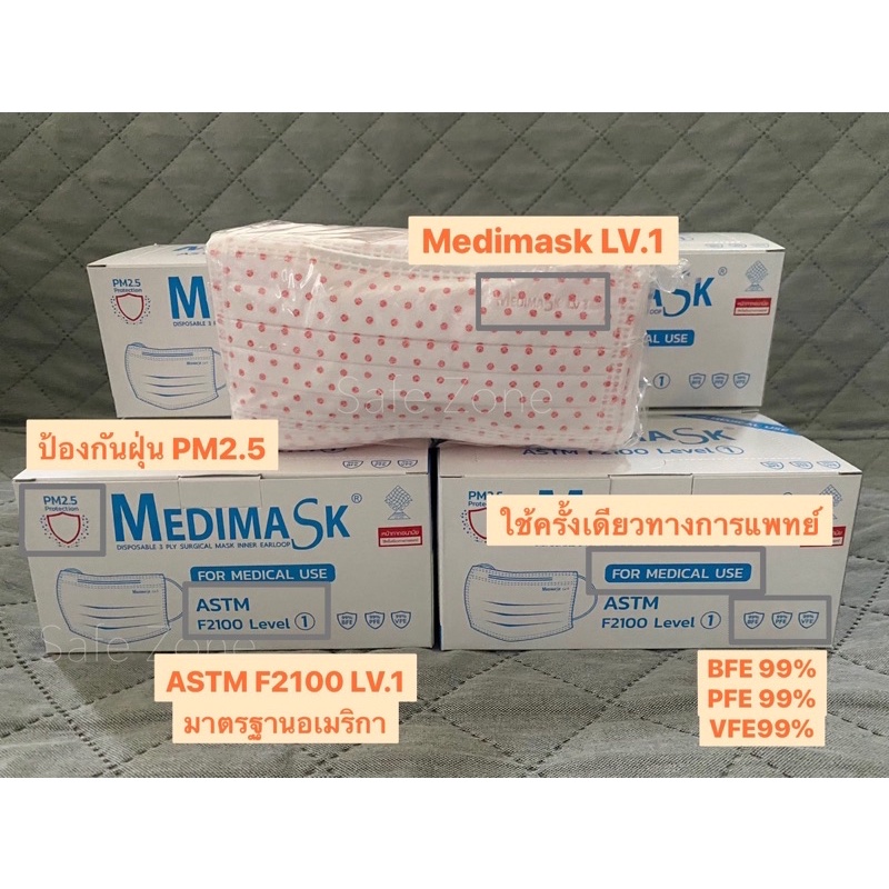 ‼️พร้อมส่ง‼️ Medimask หน้ากากอนามัย 3 ชั้น🔺ลายจุดแดง ทางการแพทย์ ASTM Level 1🔺 ป้องกันฝุ่น PM2.5  ผลิตไทย ออกใบกำกับภาษี