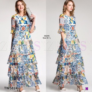 (5824) Maxidress แม็กซี่เดรสคอกลมแขนสามส่วน