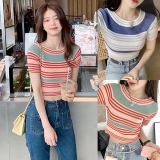 Korean🧧 เสื้อยืดไหมพรม ลายทางแบบทูโทน 2 สี