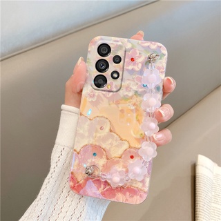 Ready Stock 2022 เคส Samsung Galaxy A53 5G A73 A33 A23 A13 A03 M53 M23 M33 5G 4G New Fashion TPU Silicone Painting Flowers with Crystal Bracelet Cover เคสโทรศัพท์ GalaxyA53 Soft Case Camera Lens Protection