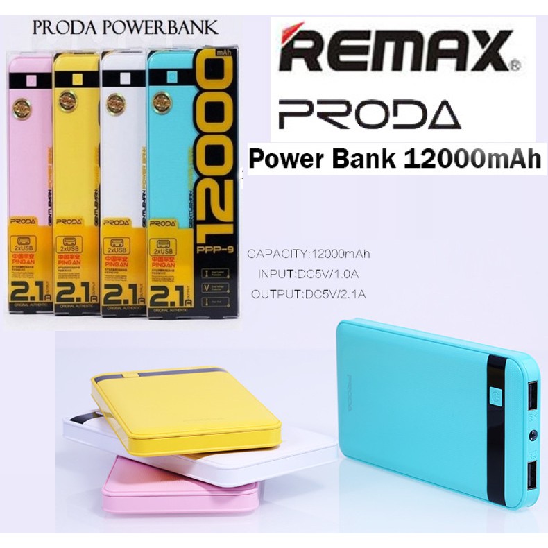 Remax Proda Power Bank แบตสำรอง ความจุ 12000mAh 2 Port พร้อมไฟฉาย LED ในตัว รุ่น PPP-9