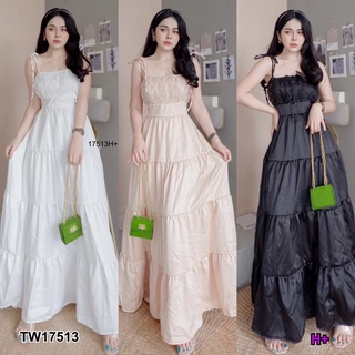 17513 แม็กซี่เดรส สายเดี่ยวผูกไหล่ อกลูกไม้ Spaghetti strap maxi dress, lace bust