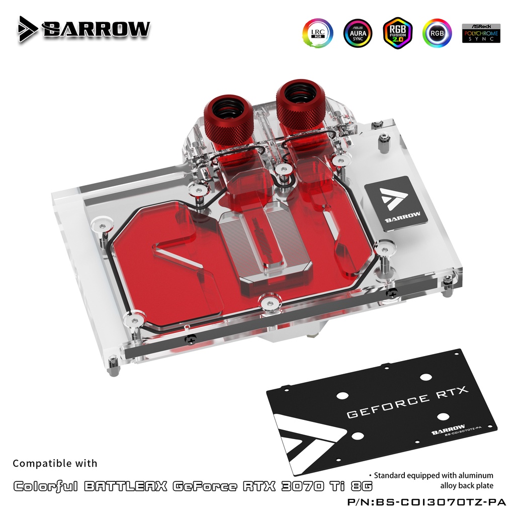 Barrow บล็อกน้ําเย็น GPU พร้อมแบ็คเพลน BS-COI3070TZ-PA สําหรับ Geforce RTX 3070 Ti GPU