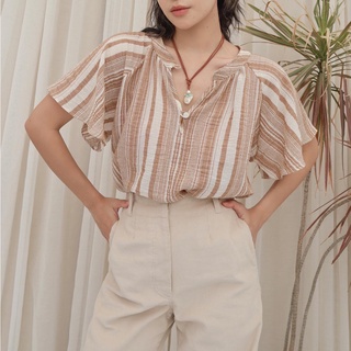 Theremin Magnolia top (brown strips, mint) เสื้อคอจีนแขนกระดิ่ง