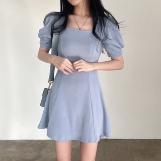 Korean chic summer retro bubble sleeve square neck A-line mini dress