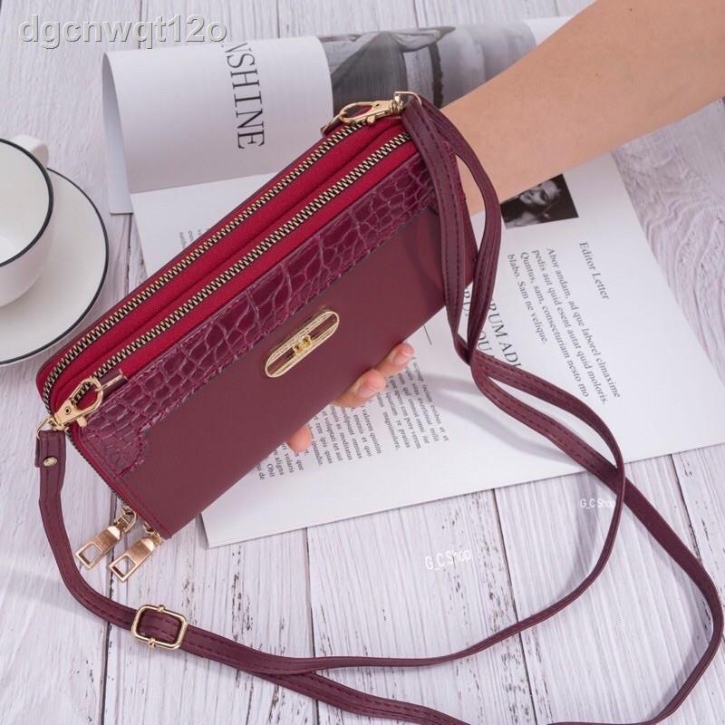 ♨❁กระเป๋าสตางค์ใบยาวซิปคู่ มีสายสะพายหนัง+โซ่(W-092)