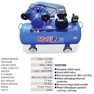 Kompresor Angin Udara MULTIPRO 100L VBC100/100 1Hp WITH Dinamo Motor 2HP  / Air Compressor Tabung 100 Liter MULTIPRO