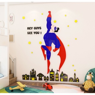 home decorateของตกแต่งห้องนอนลูกห้องนั่งเล่น อะคริลิค3D ติดผนังรูปซุปเปอร์แมน superhero แผ่นภาพอะคริลิคลายการ์ตูนตกแต่ง