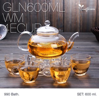 GLN600ML-WM-4ECUP กาแก้วใส ขนาด 600มล, เตาอุ่น, แก้วหูจับ 4ใบ