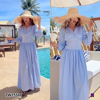 TwinsShopVip💗พร้อมส่ง TW15588 แม็กซี่เดรสยาวแขนยาวลายริ้ว Striped long sleeve maxi dress