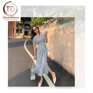 🌸🌼Summer Dress 🌼🌸  เดรสยาวลายดอกแขนสั้นคอวี TD519