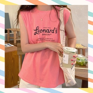 K2💝แฟชั่น เสื้อยืดสีชมพูสกรีนลาย Leonards คอกลมแขนกุด