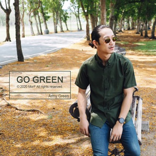 GO GREEN เสื้อเชิ้ต คอปก/คอจีน แขนสั้น สีเขียวทหาร สีเขียว ขี้ม้า