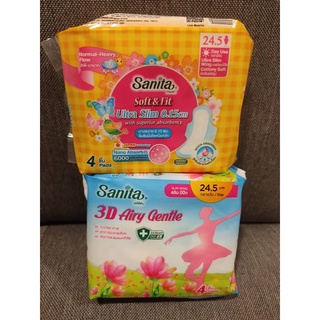 [4ชิ้น/ห่อ]Sanita 3D Airy Gentle/Ultra slim 0.15 cm แซนนิต้า ผ้าอนามัย แอนตี้แบคทีเรีย สลิม มีปีก/อัลตร้าสลิม 24.5ซม