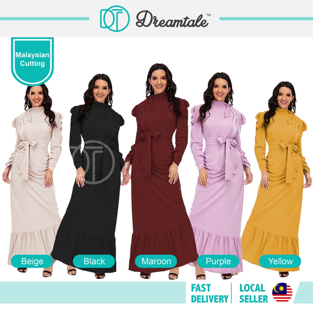 Dreamtale Mayra Muslimah สวมริบบิ้นคอ Ruffles Hem Muslimah ชุดเข็มขัดเอว Abaya ชุด Maxi ชุด WCO095