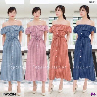 TW5284 Maxi Dress ปาดไหล่ลายสก็อต