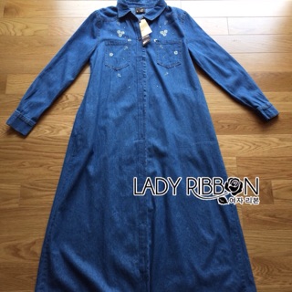 🎀 Lady Ribbons Made 🎀 Lady Megan Country Style Flower Embroidered Denim Shirt Dress with Belt เชิ