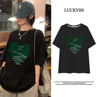 Lucky 2355#เสื้อยืด Oversize คอกลมสกรีนลายหัวใจสดน้ารัก แฟชั่นเกาหลีสไตล์สครีท ไซส์ใหญ่ XXL