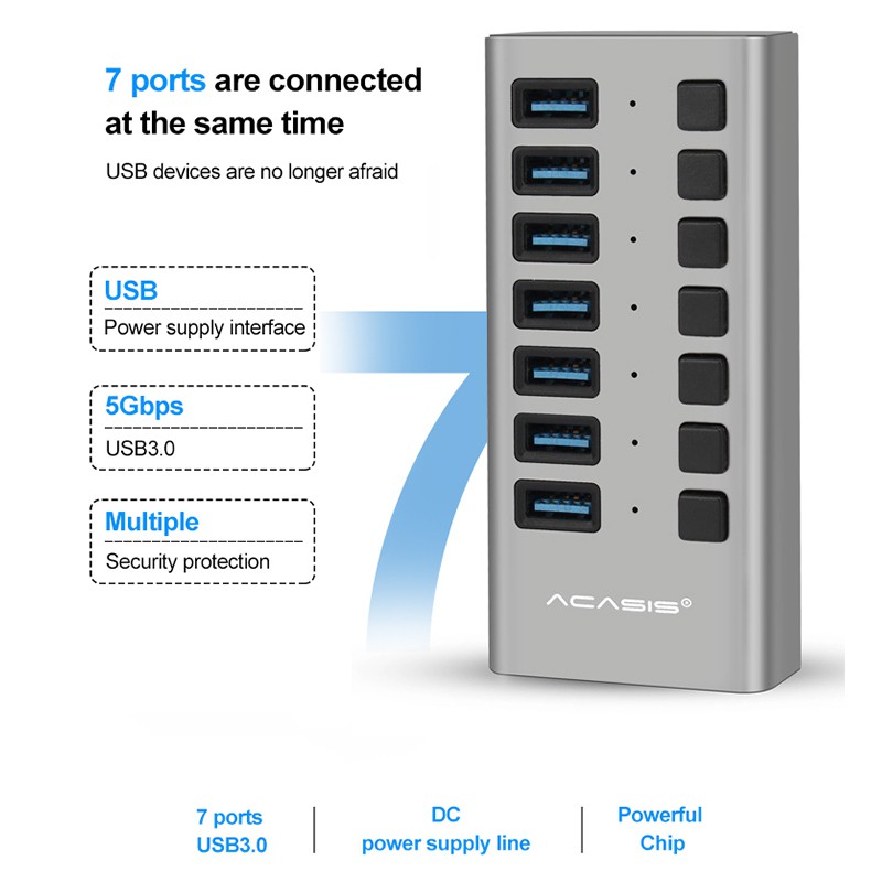 ACASIS 7 Port USB 3.0 HUB Support BC1.2 Charging with 12V Power Adapter Aluminum USB Splitter For  Accessories Desktop OTG
