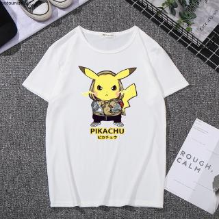 เสื้อยืดแฟชั่นชายหญิงแขนสั้นลายการ์ตูนปิกาจู 2 สีดําขาว