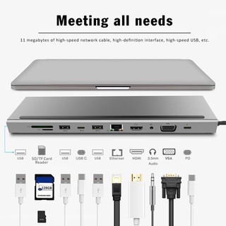 11in1 อะแดปเตอร์ฮับขยาย Type C USB C เป็น HDMI 4K VGA 3.5 มม. LAN RJ45 TF SD PD USB3.0 USBC สําหรับโน้ตบุ๊ก แล็ปท็อป พีซี