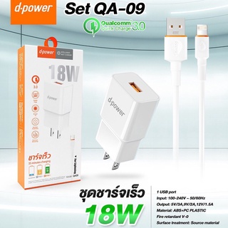 d-power ชุดชาร์จเร็ว 3A 18วัตต์ รุ่น QA09 / Adapter Set Quick Charge 3.0 รับประกัน 1 ปี